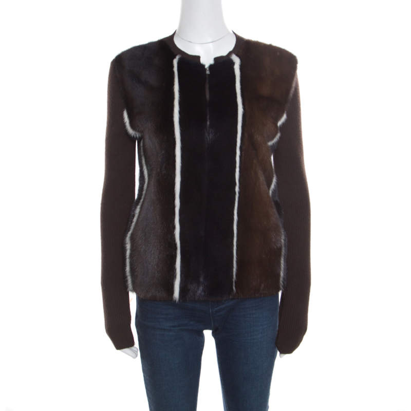 Pre Owned Fendi Brown Stretch Wool Mink Fur Paneled Zip Front Sweater S