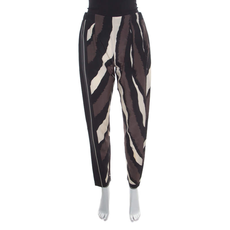 مملوكة مسبقًا Fendi Brown Printed Silk Elasticized Waist Tapered Pants S