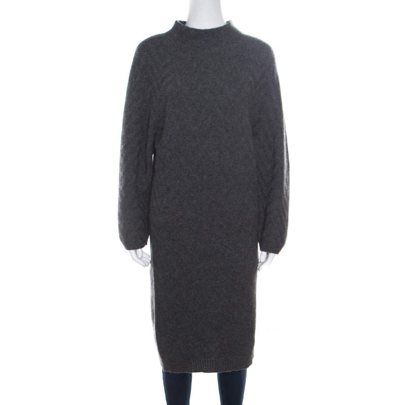 Pre Owned Fendi Grey Chevron Patterned Cashmere Knit High Neck Sweater Dress S