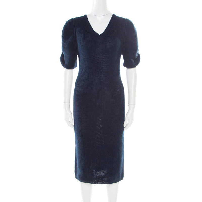 Pre Owned Fendi Navy Blue Crochet Knit Ruched Sleeve Midi Sweater Dress M