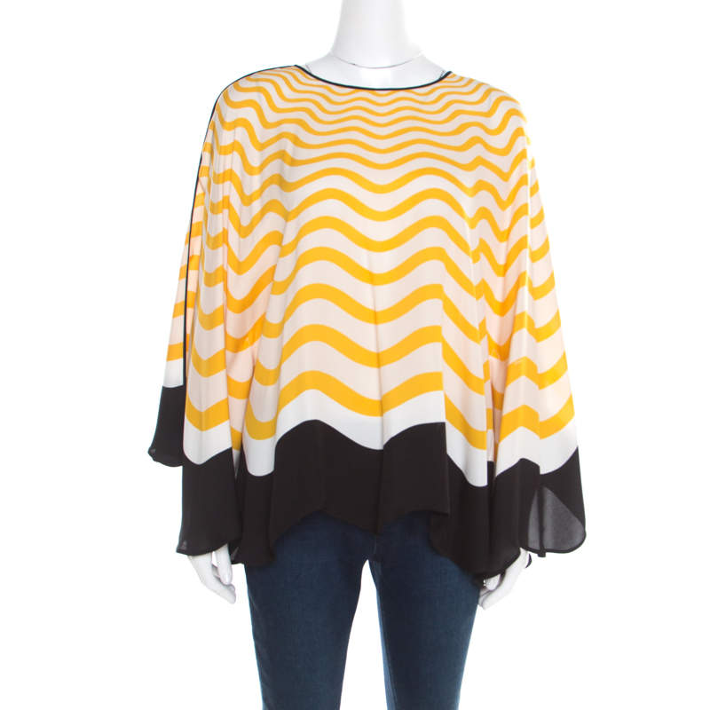 Fendi Yellow and Off White Wave Printed Silk Contrast Bow Trim Detail Kaftan Top M