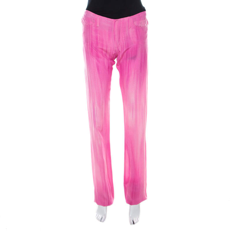 Pre Owned Fendi Pink Micro Dot Perforated Silk Elasticized Ankle Trousers S