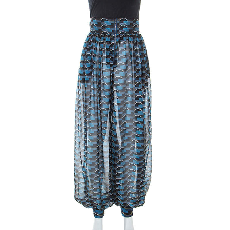 Pre Owned Fendi Curacao Blue Abstract Printed Silk Harem Pants S