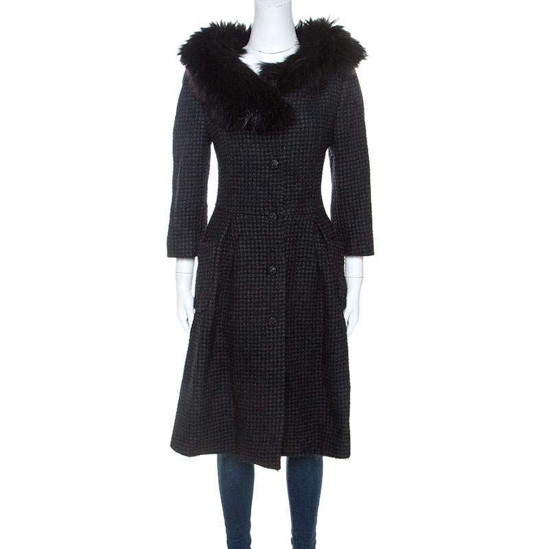 Fendi Charcoal Grey Wool & Silk Fur Trim Coat M