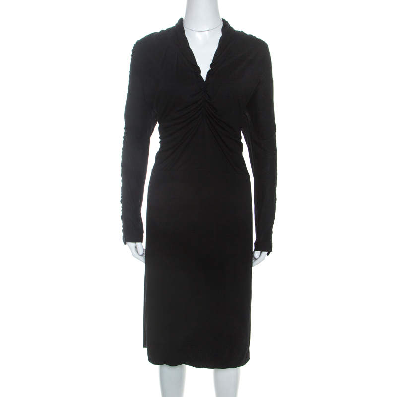 Fendi Black Knit Ruched Detail Long Sleeve Midi Dress L