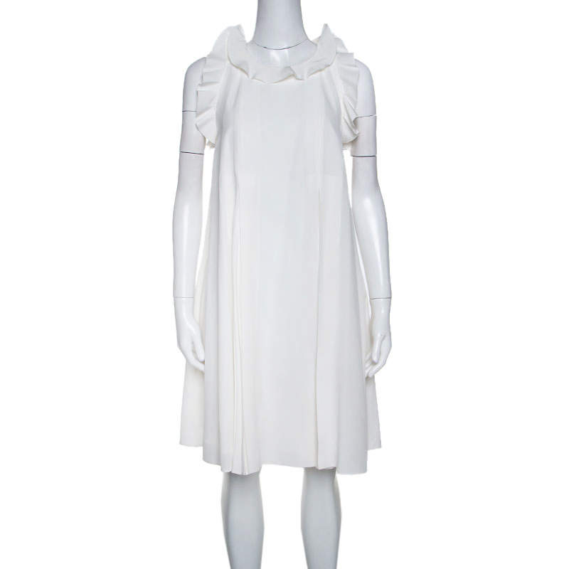 Pre Owned Fendi Off White Silk Ruffle Detail Pleated Short Dress S