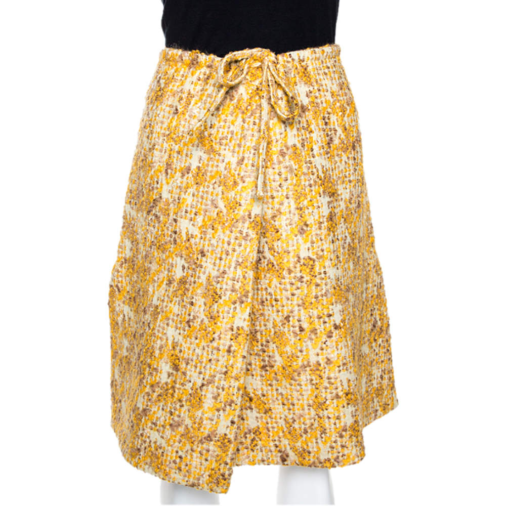 Fendi Yellow Tweed Side Slit Detail Midi Skirt S