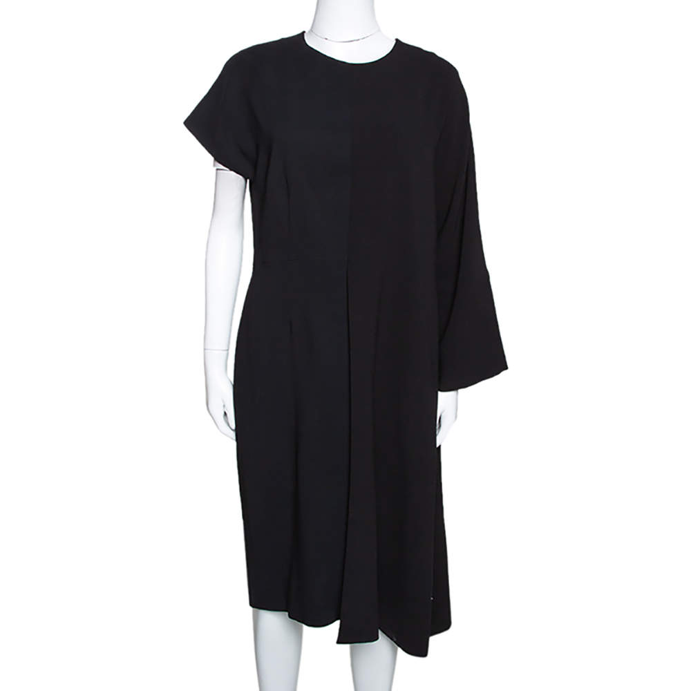 Pre Owned Fendi Black Stretch Knit Wool Overlay Asymmetric Sleeve Dress L
