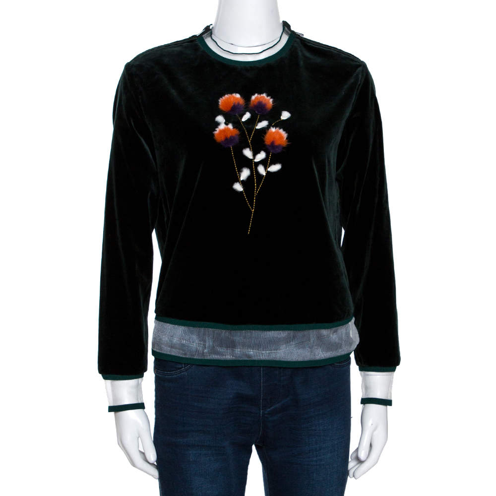 Pre Owned Fendi Dark Green Velvet Mink Fur Floral Appliqued Top S