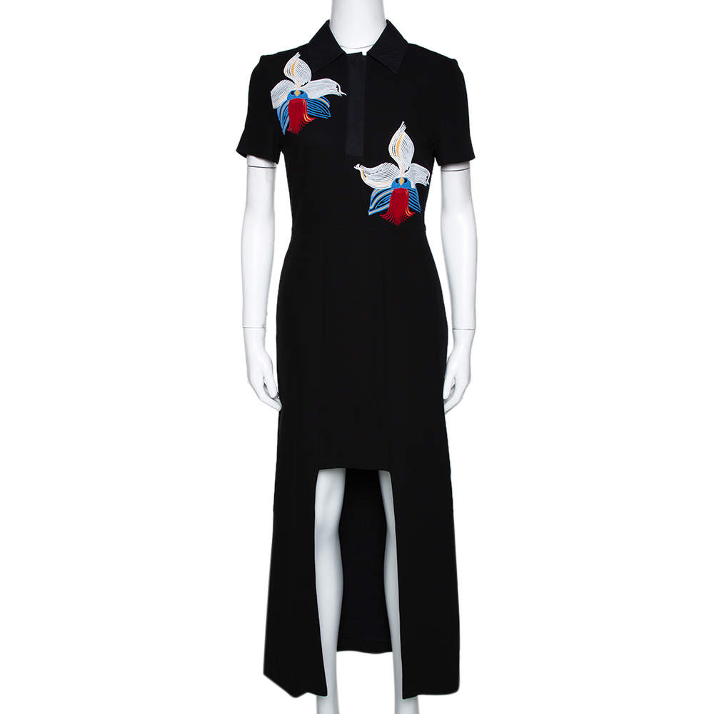 Pre Owned Fendi Black Floral Embroidered Crepe Cutout Detail Dress S