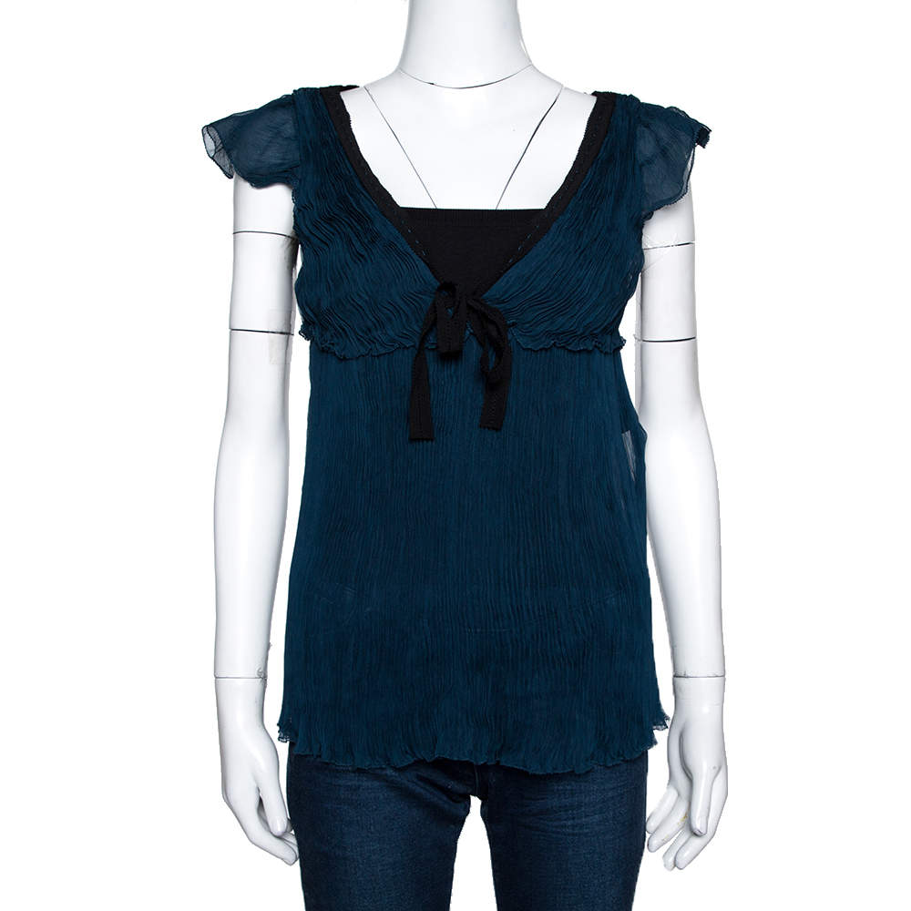 Pre Owned Fendi Green Plisse Silk Ruffled Top M