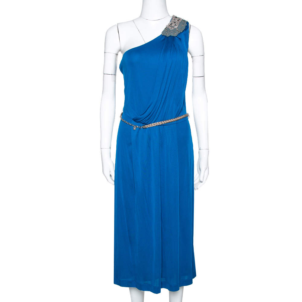 Pre Owned Fendi Blue Draped Jersey Embellished Shoulder Detail Belted Dress M