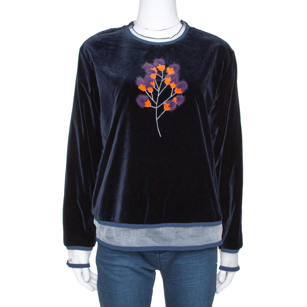 Pre Owned Fendi Dark Blue Velvet Mink Fur Floral Appliqued Top M