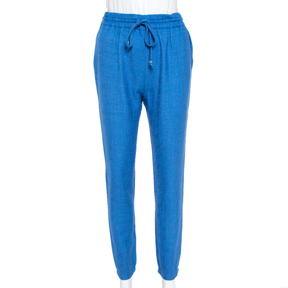 Pre Owned Fendi Blue Wool & Silk Elasticized Waist Trousers S