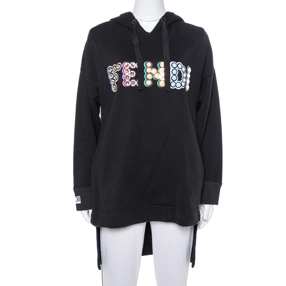 Fendi Black Cotton Logo Studded Long Hoodie S