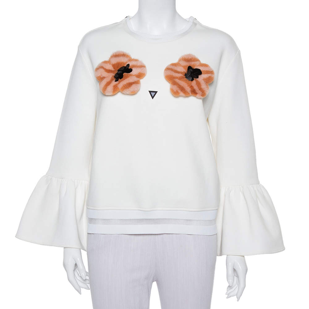 Pre Owned Fendi Cream Knit Pom - Pom Applique Flared Sleeve Jumper M
