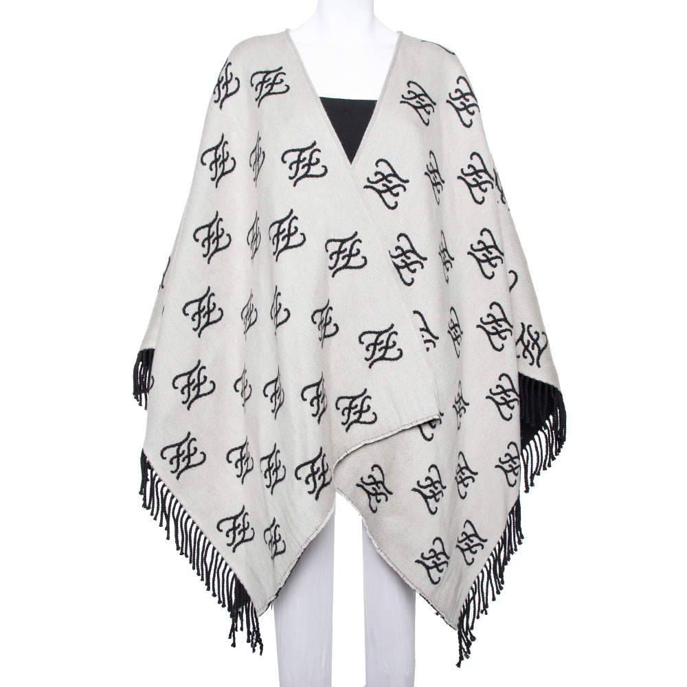 Pre Owned Fendi Grey Logo Intarsia Knit Fringed Poncho (One Size)
