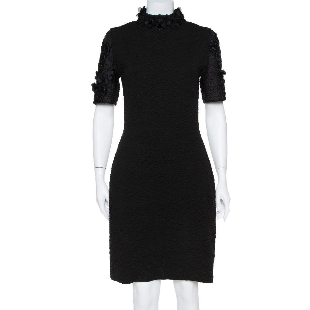Pre Owned Fendi Black Embossed Knit Applique Detail Cloque Dress M