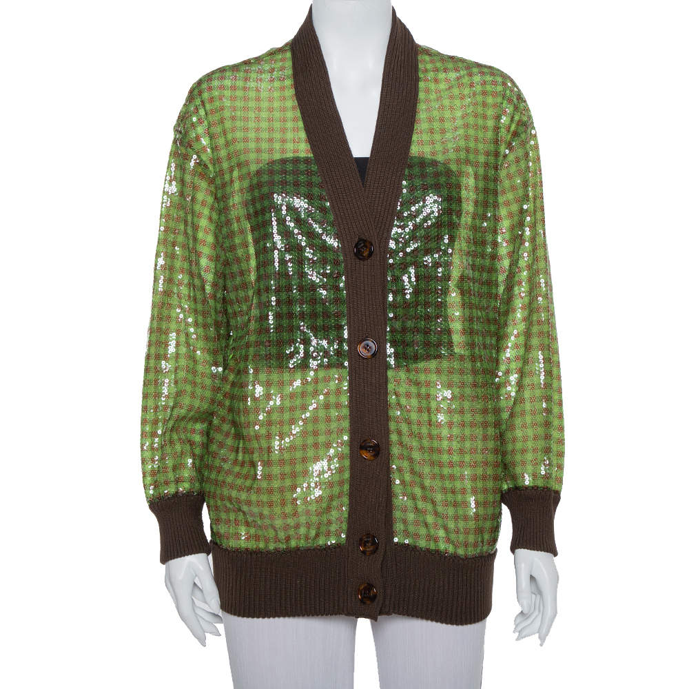 Fendi Green Tulle Sequin Embellished V- Neck Cardigan S
