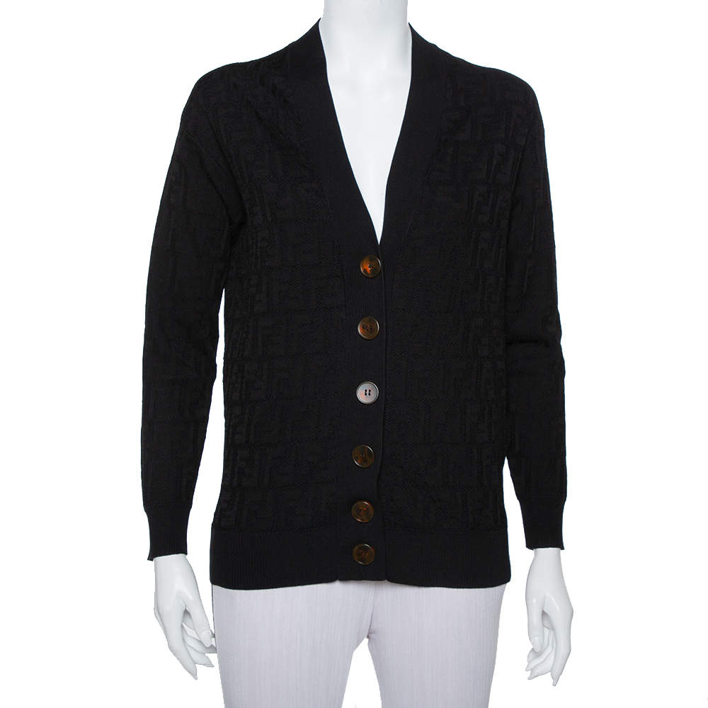 Pre Owned Fendi Black Logo Intasia Knit Button Front V-Neck Cardigan XS