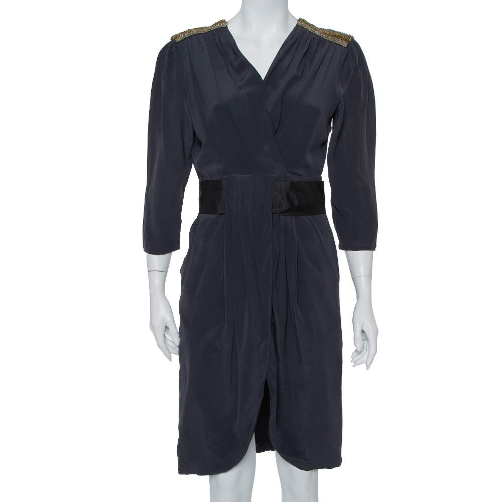 Pre Owned Fendi Dark Green Silk Embellished Detail Draped Mini Dress M