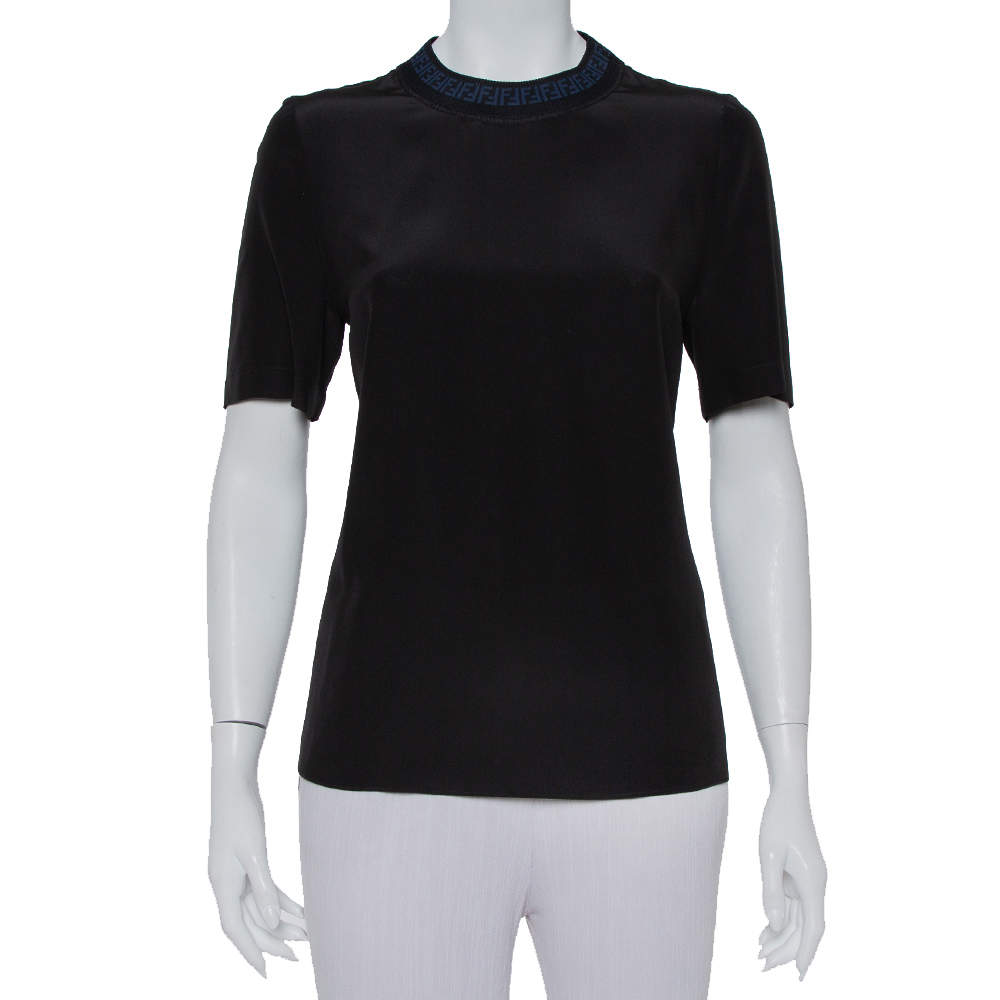 Pre Owned Fendi Black Silk Ribbed Logo Neck Trim Detail Top M