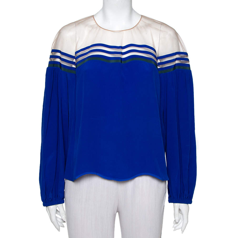 مملوكة مسبقًا بلوزة فندي إليوجن حرير تول أزرق بأكمام طويلة مقاس كبير - لارج