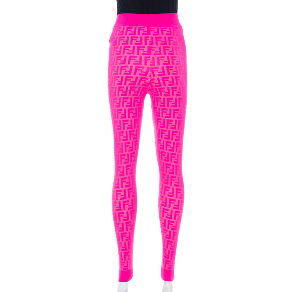 Fendi Neon Pink Knit Logo Monogram Knit Leggings M