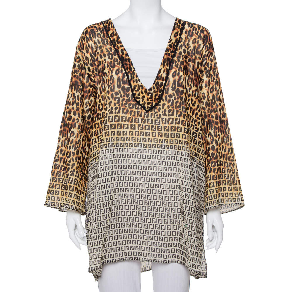 Pre Owned Fendi Brown Animal Printed Cotton Deep Neck Tunic L