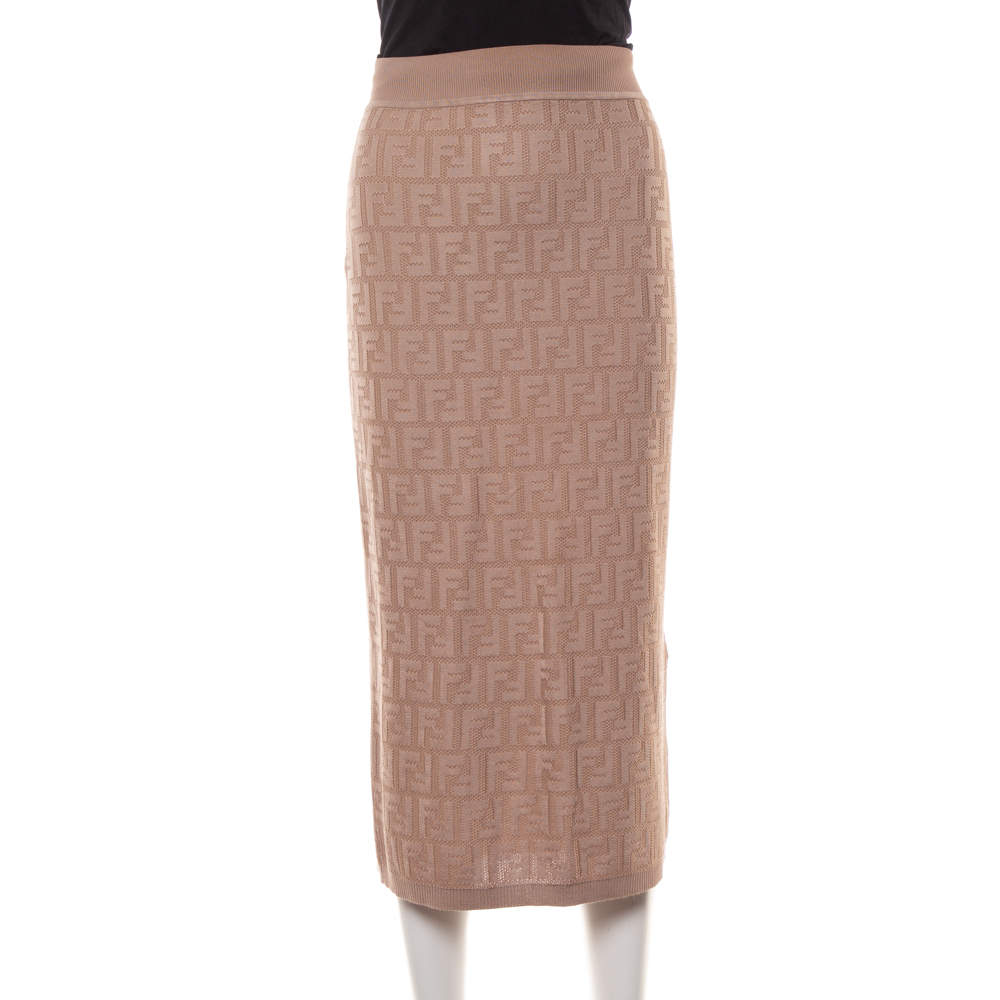 Pre Owned Fendi Beige Zucca Monogram Knit Midi Skirt S