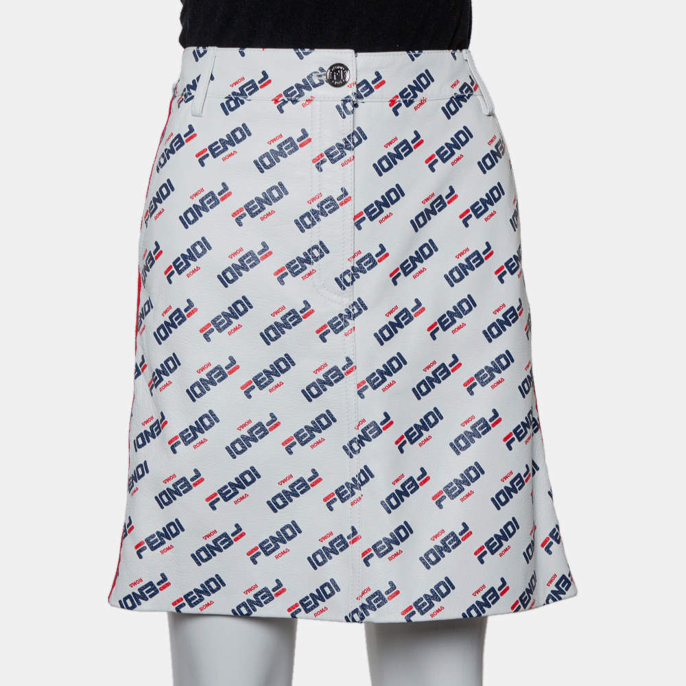 Fendi White Allover Fendi Mania Logo Leather Mini Skirt M