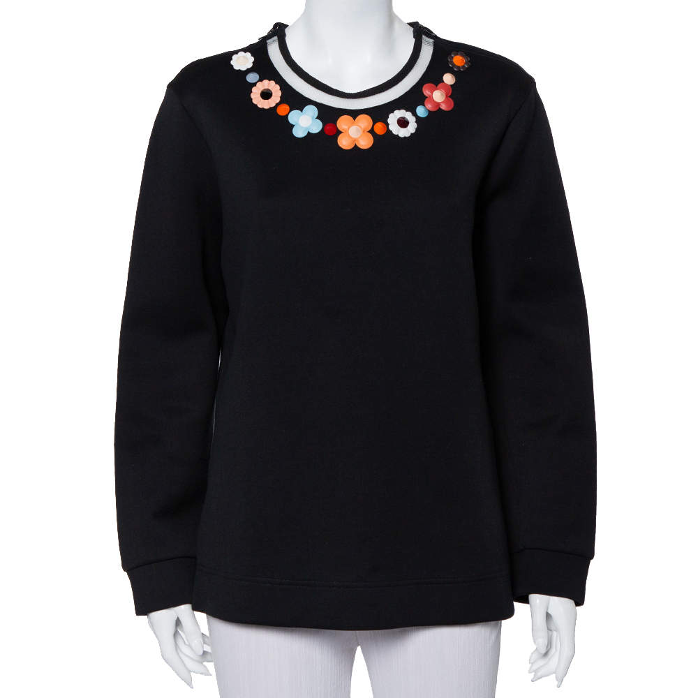 Pre Owned Fendi Black Knit Floral Neck Embellished Round Neck Top XL