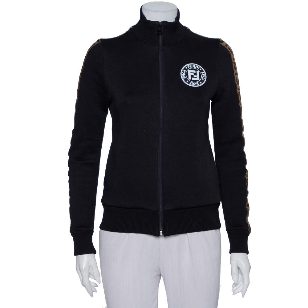Pre Owned Fendi Black Jersey Logo Trim Detail Zip Front Jacket S