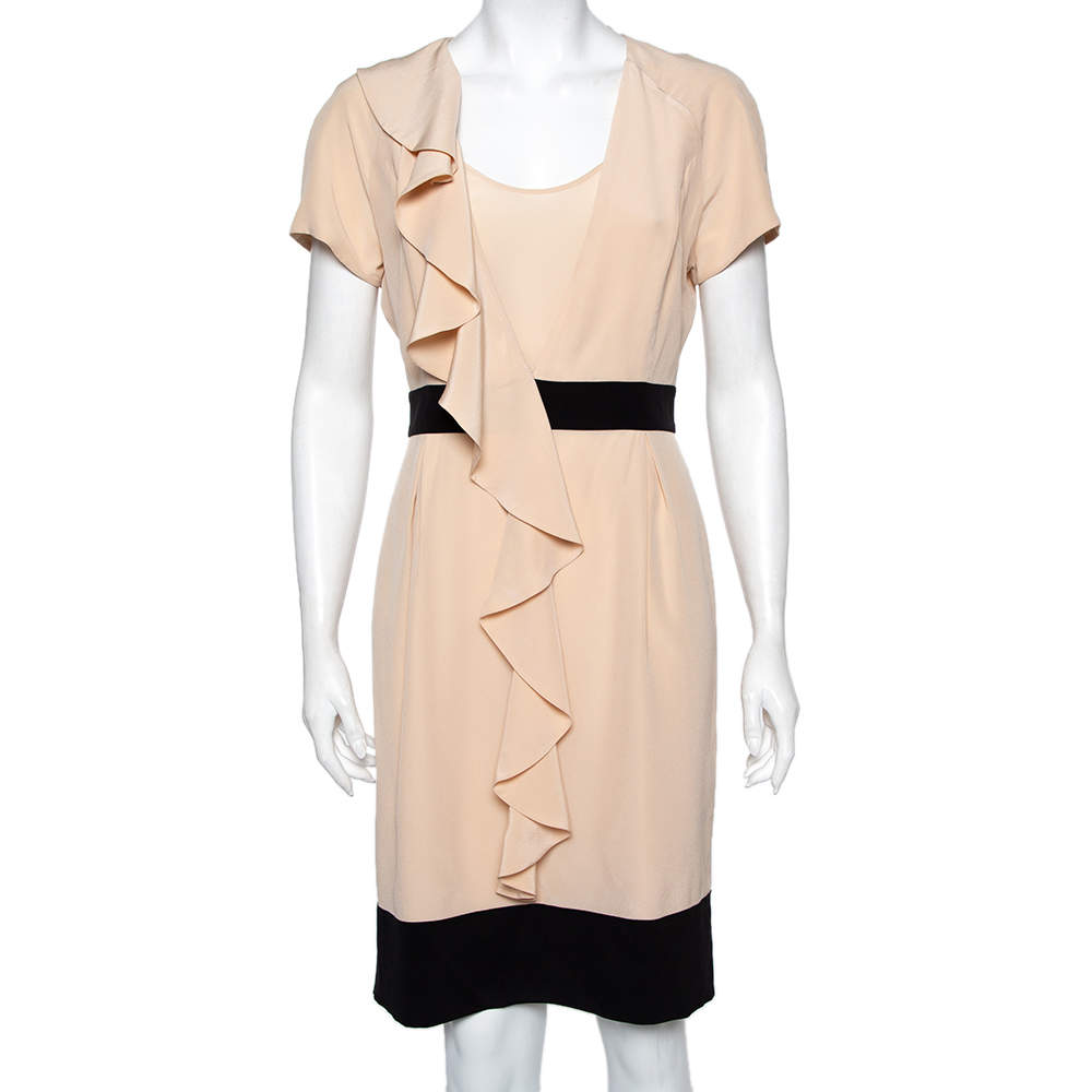 Pre Owned Fendi Beige Silk Contrast Detail Ruffled Midi Dress M