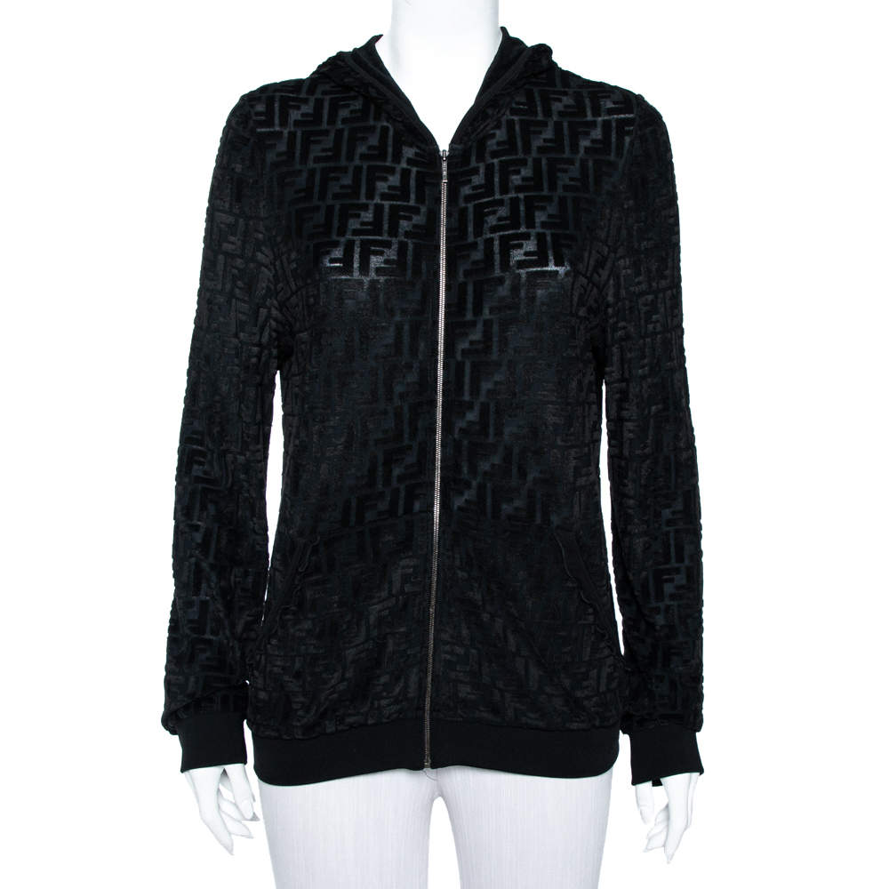 Pre Owned Fendi Black Zucca Monogram Velour Zip Front Hooded Jacket L