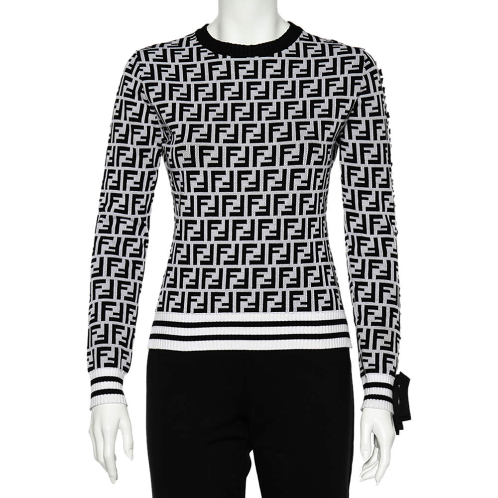 Pre Owned Fendi Monochrome Zucca Monogram Intarsia Knit Crop Top S