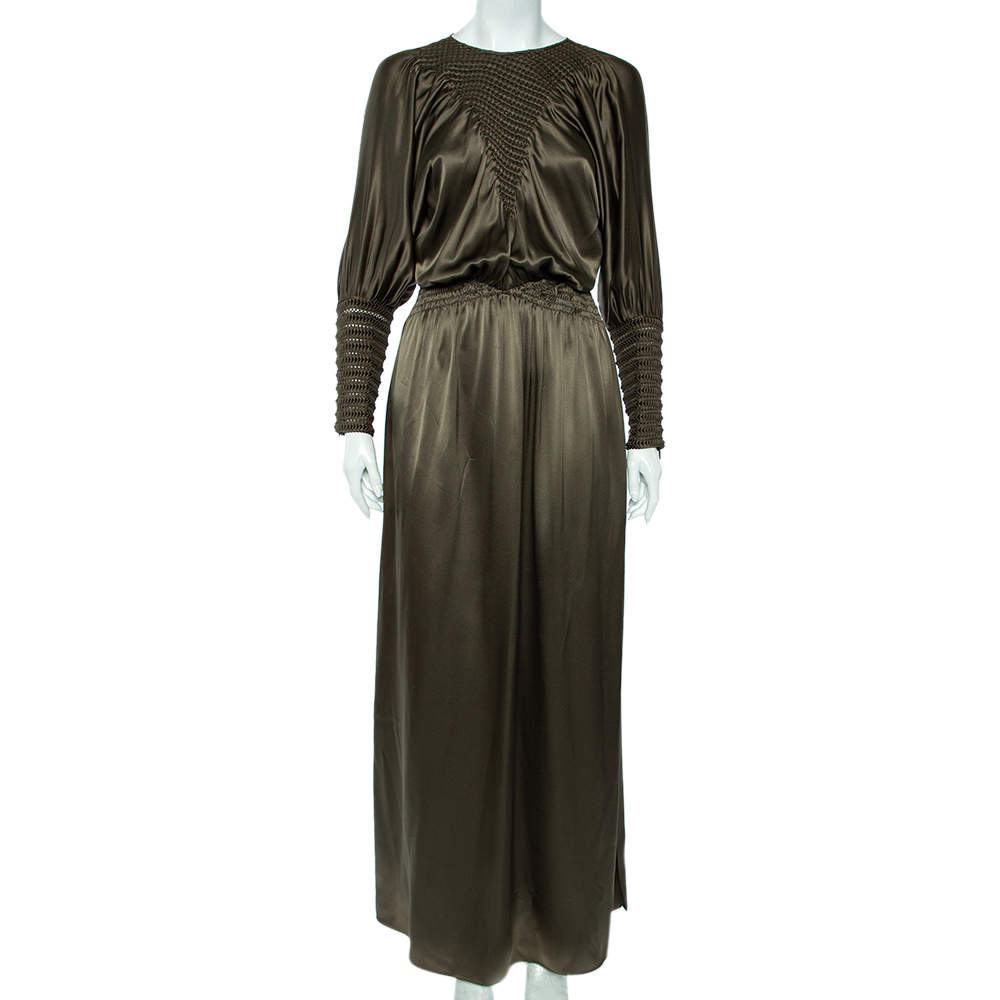 Pre Owned فستان فندي ماكسي فتحة جانبية سموكد حرير أخضر زيتوني مقاس متوسط