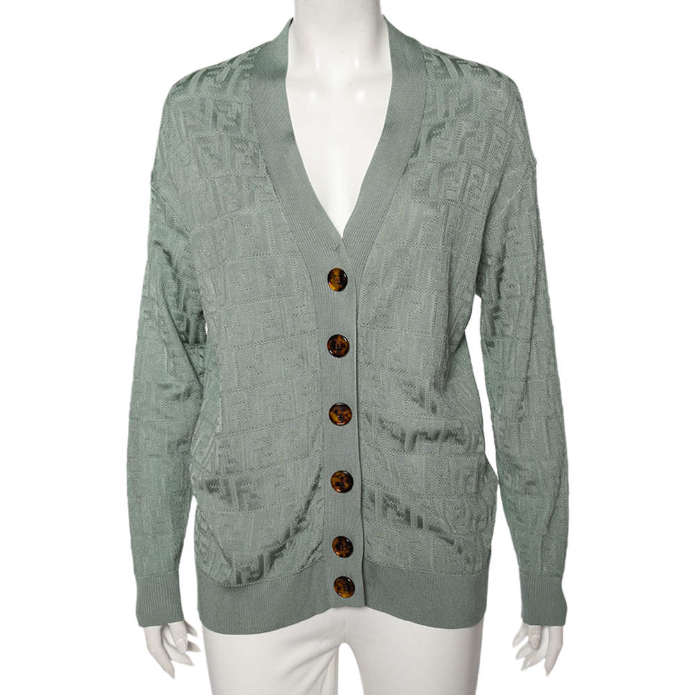 Pre Owned Fendi Mint Green FF Motif Embossed Knit Button Front Cardigan M