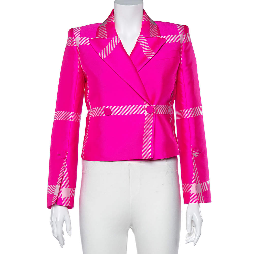 Pre Owned Fendi Fluo Pink Patterned Jacquard Double Breasted Cropped Blazer S