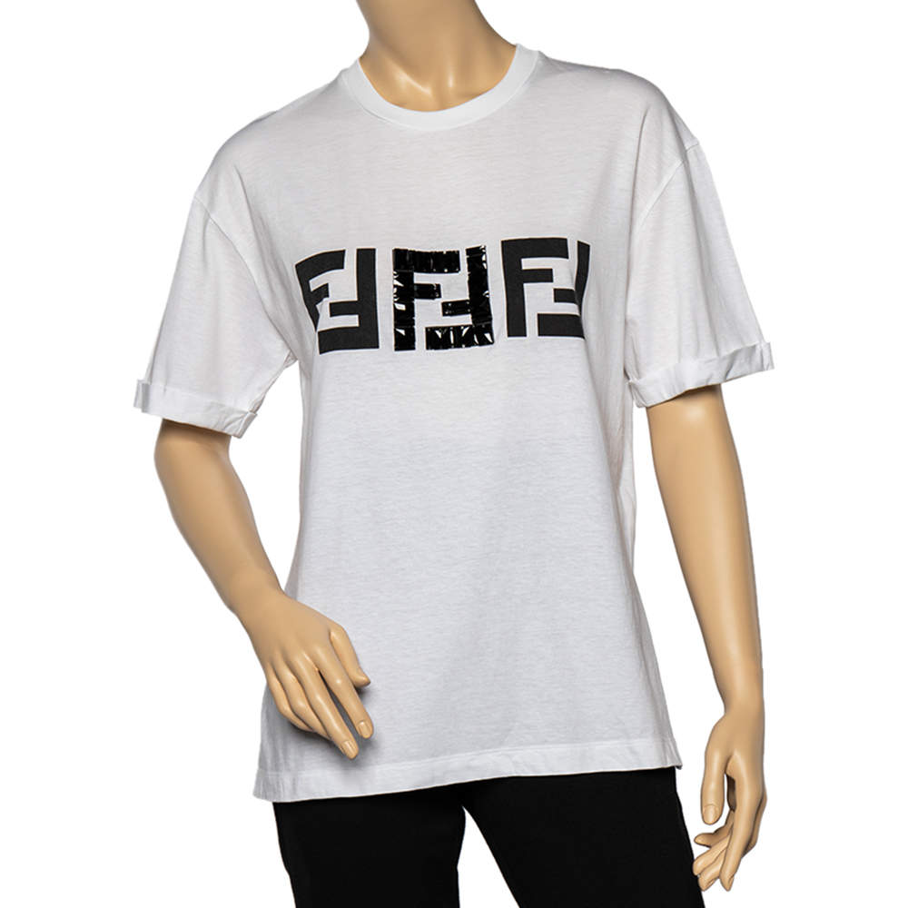 مملوكة مسبقًا Fendi White Cotton Embellished Logo Detail High-Low Hem Oversized T-Shirt S