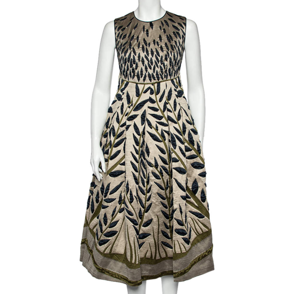 Pre Owned Fendi Multicolor Leaf Pattern Jacquard Sleeveless Midi Dress S