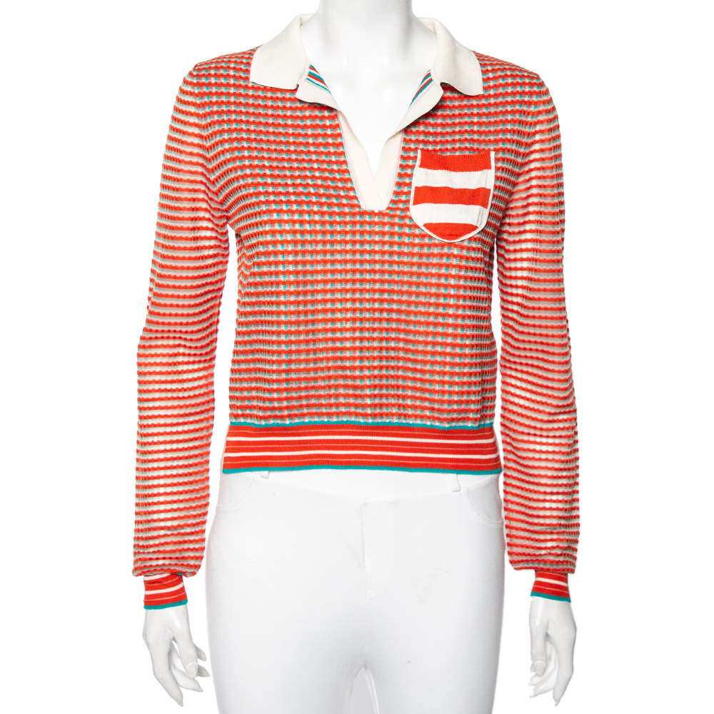 Pre Owned Fendi Orange Silk Knit Cropped Polo Top M