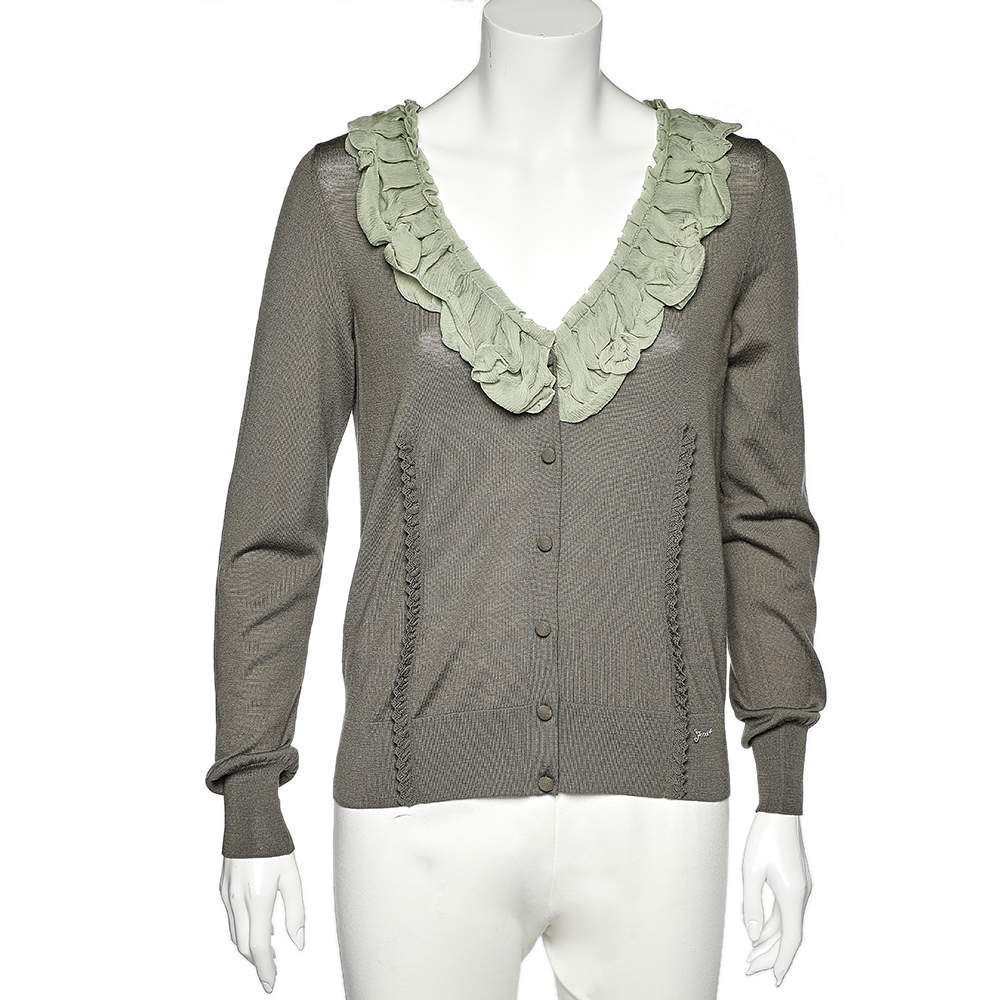 Pre Owned Fendi Green Wool & Silk Ruffle Neck Cardigan L