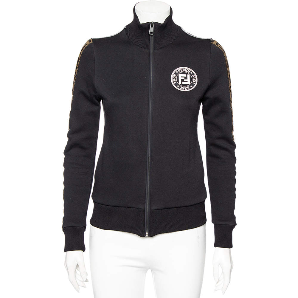 Pre Owned Fendi Black Knit Logo Trimmed Zip Front Jacket M