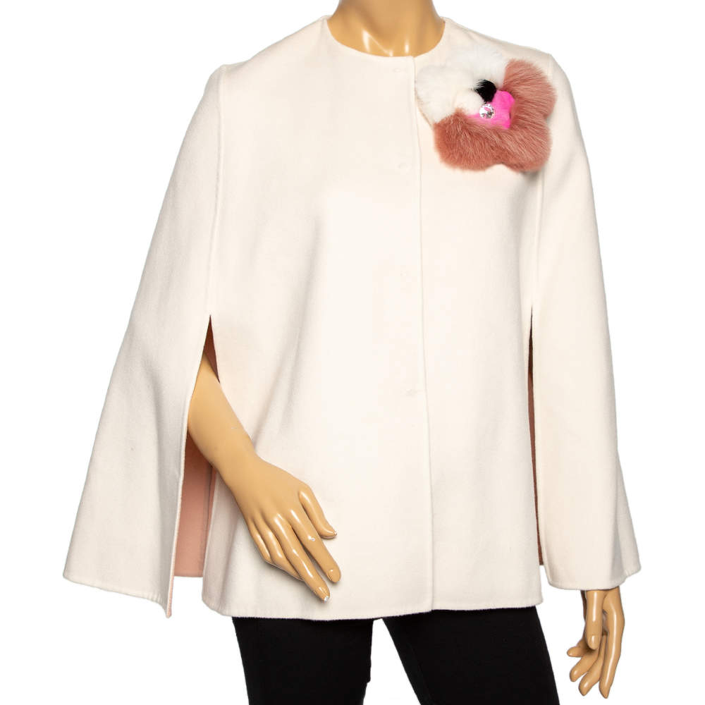 Fendi Cream Wool & Fur Detailed Button Front Cape S