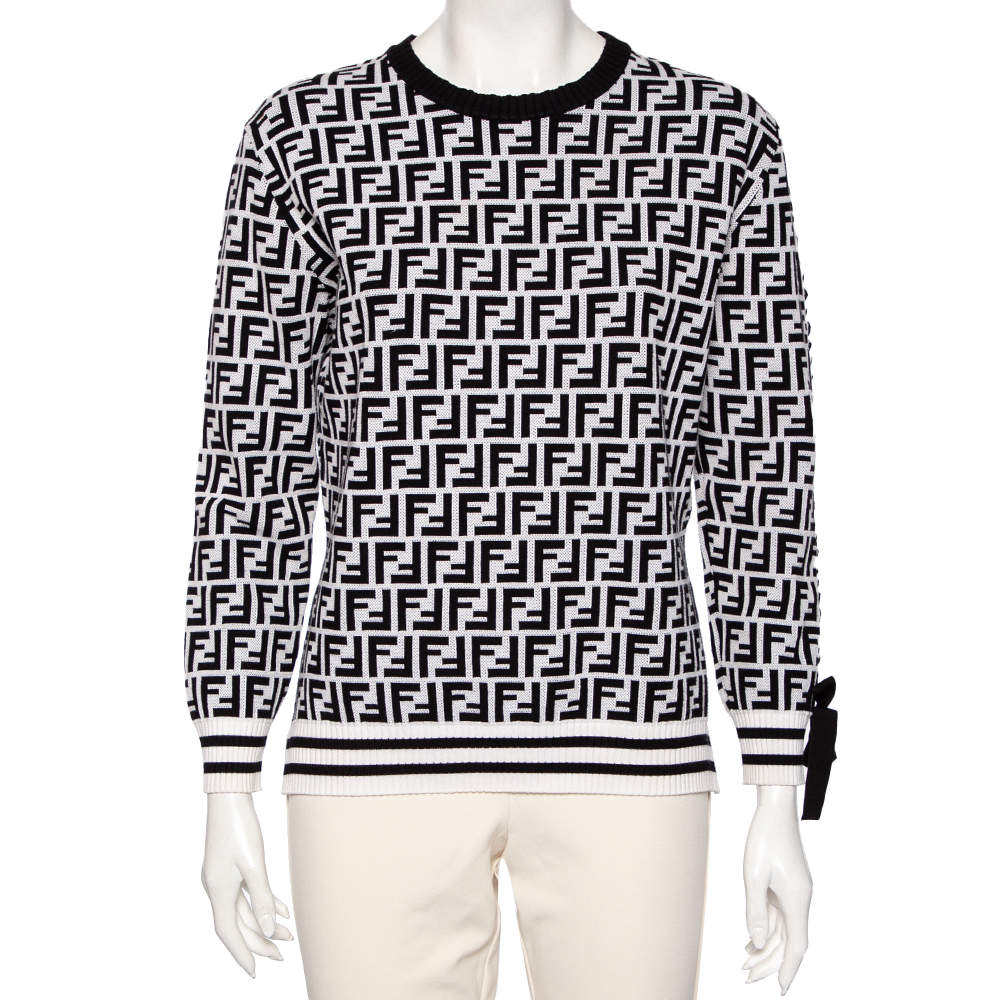 Pre Owned Fendi Monochrome Zucca Monogram Jacquard Knit Ribbon Detailed Pullover L