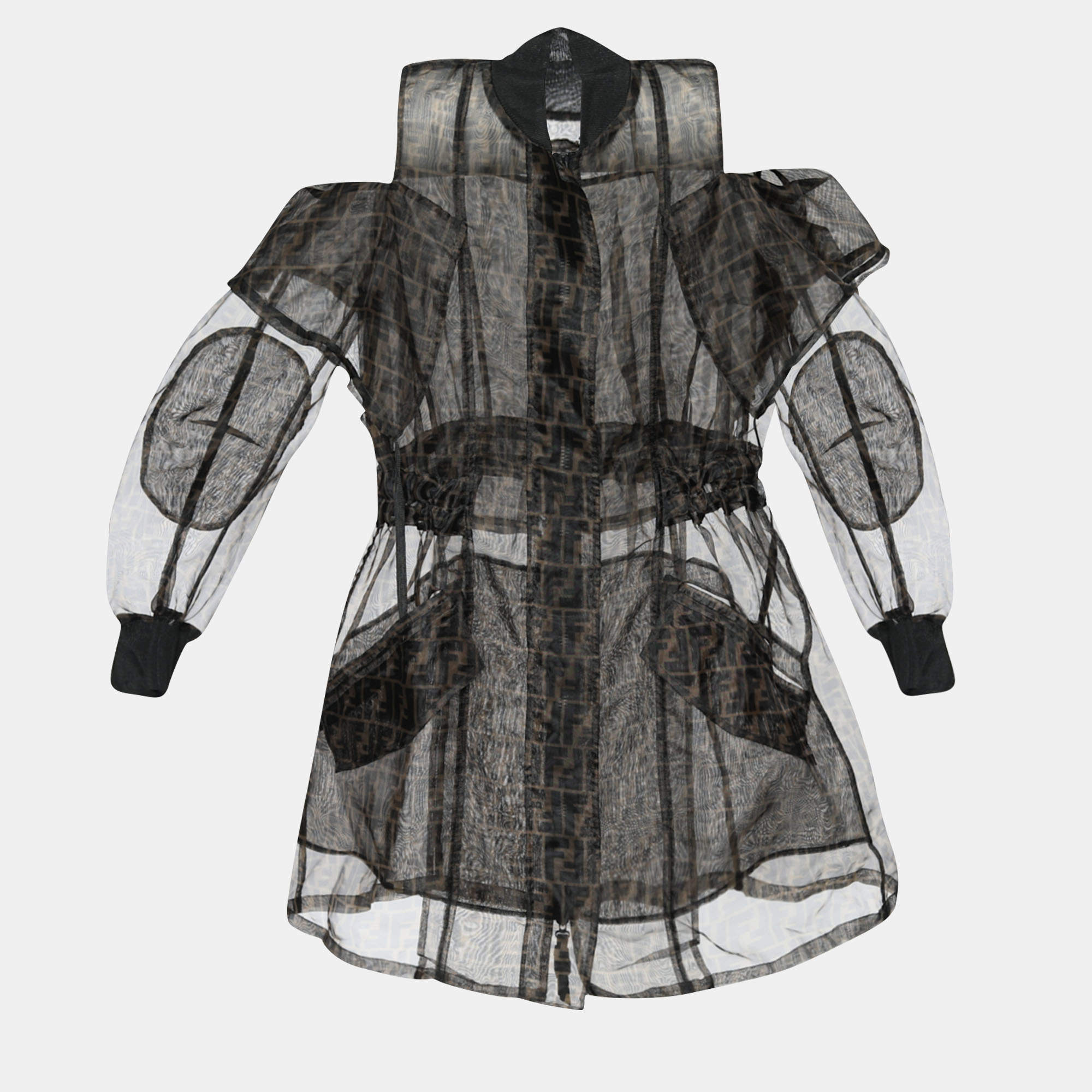 Fendi Tobacco Brown Sheer Zucca Print Cold Shoulder Parka S