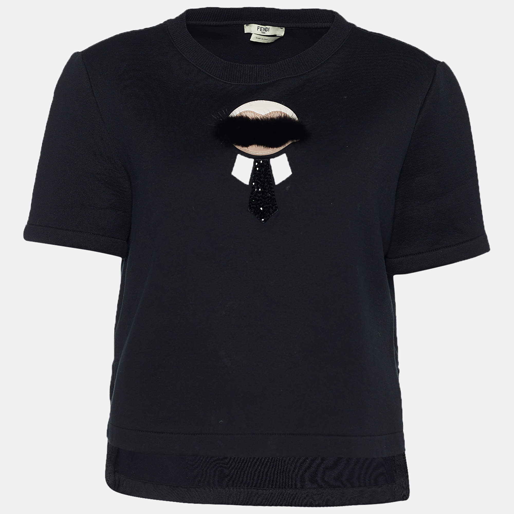 Pre Owned Fendi Black Neoprene Karlito Fur Applique Cropped Jumper M