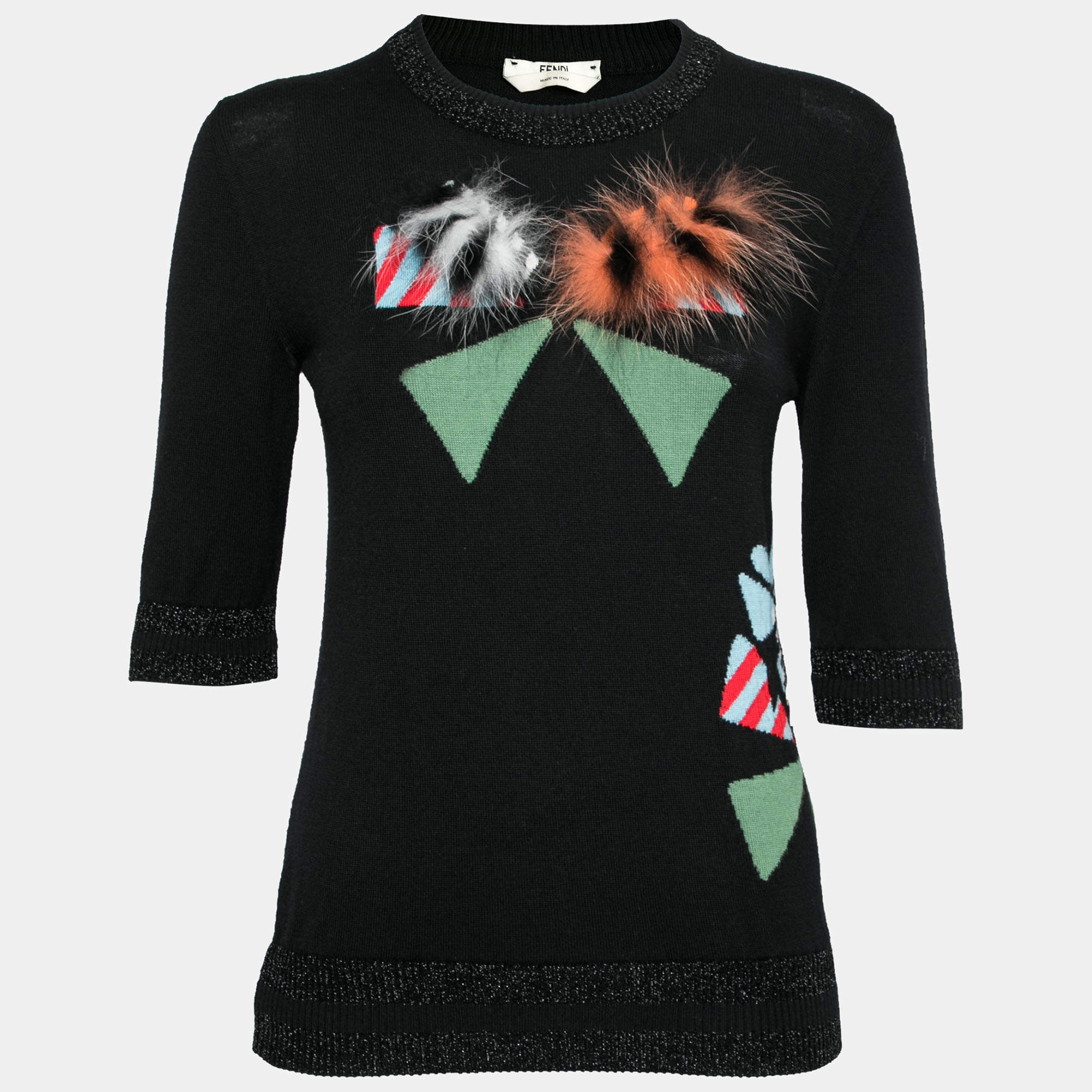Pre Owned Fendi Black Intarsia Knit Fur Detail Crewneck Sweater S