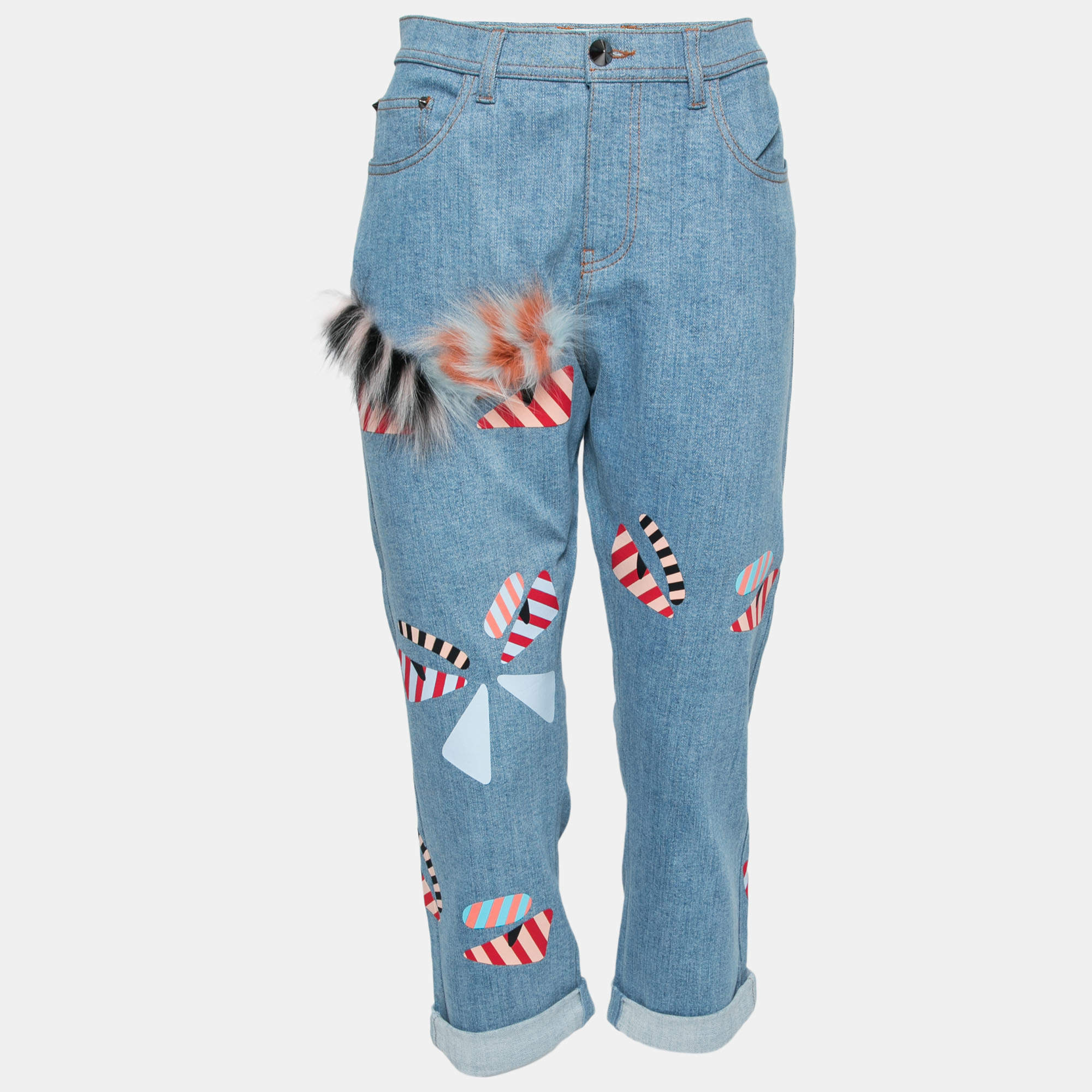 Fendi Blue Denim Fur Trimmed Monster Eye Boyfriend Jeans S